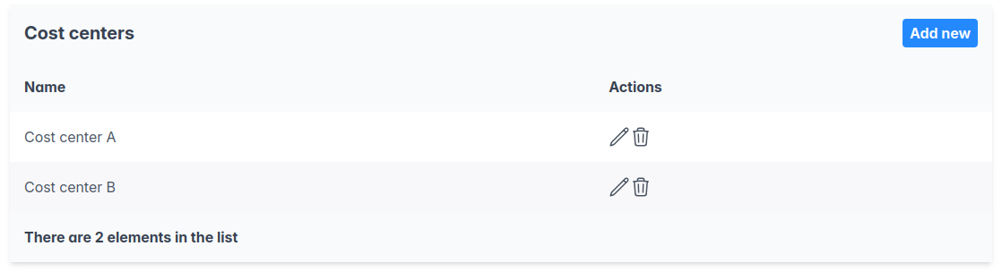 Screenshot of the cost centers table