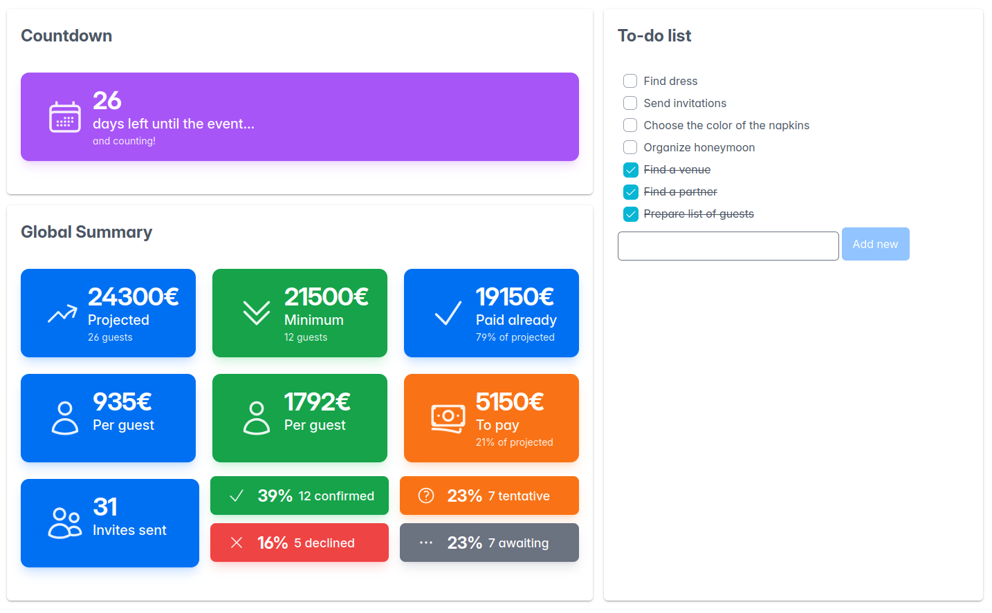Screenshot of the dashboard page