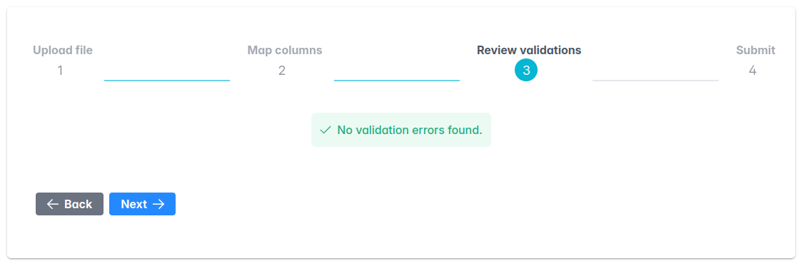Validation error step - no errors Screenshot of the third step, without validation errors