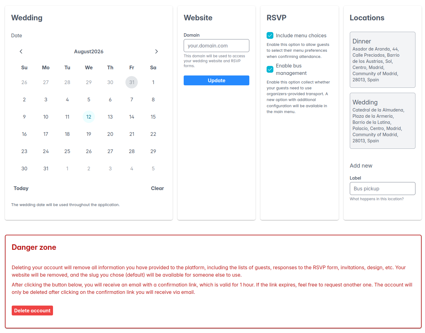 Screenshot of the settings page
