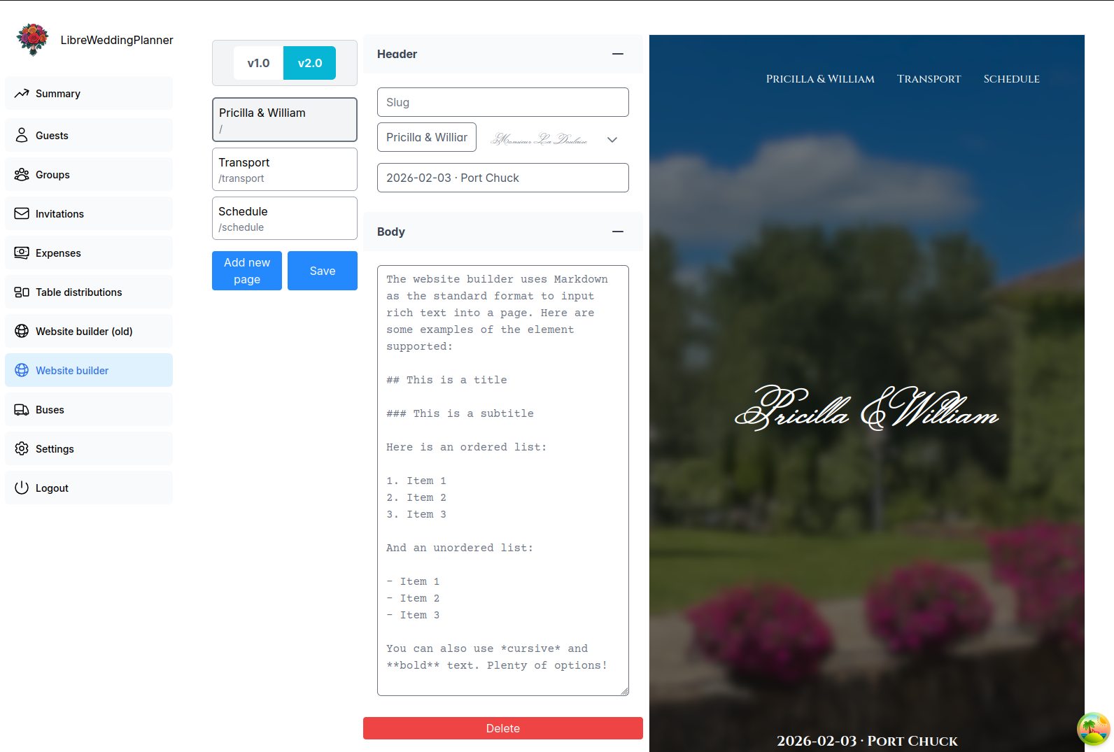Screenshot of the website builder page