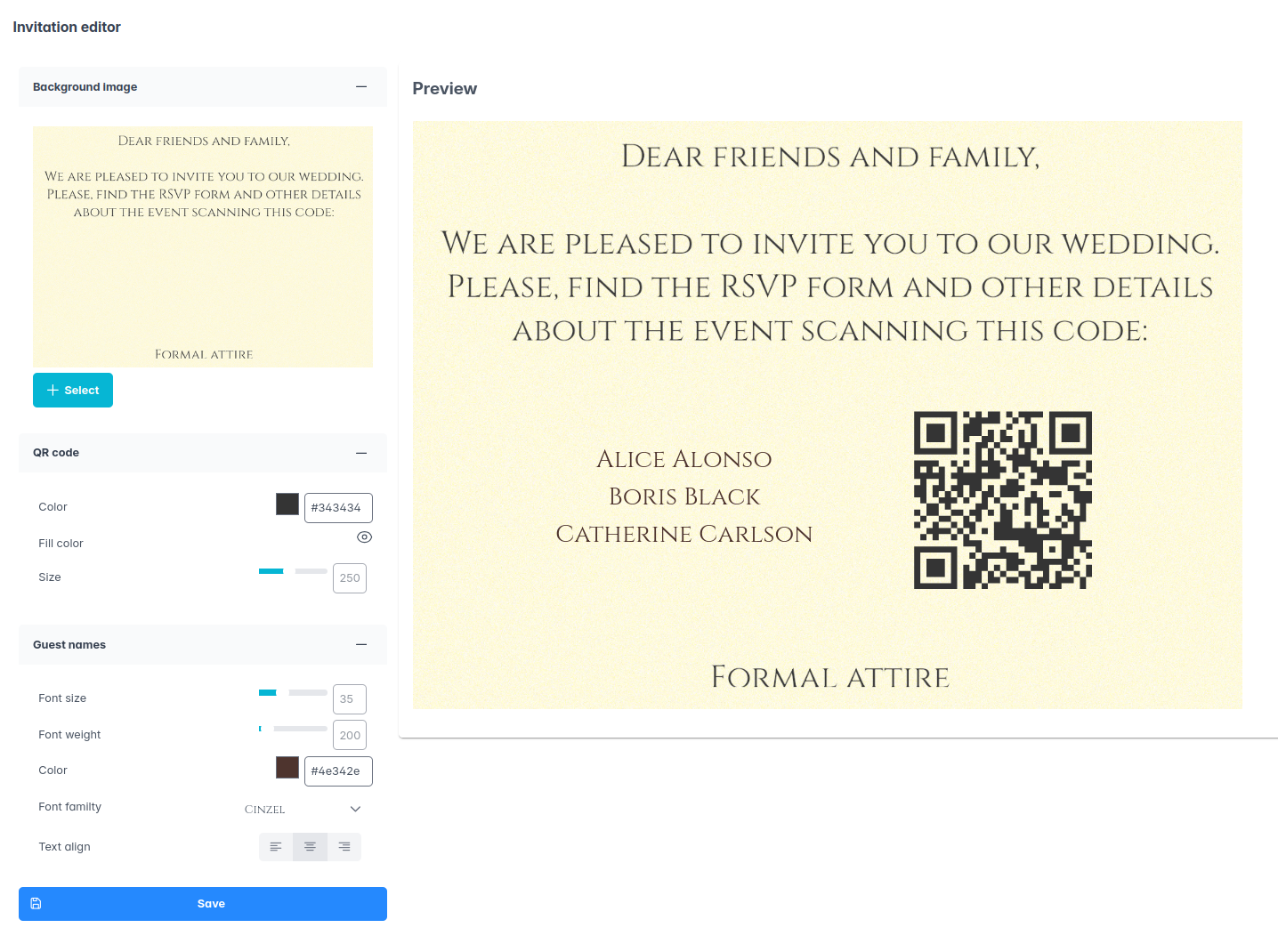 Captura de pantalla del editor de invitaciones