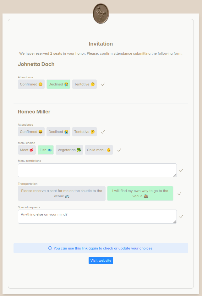 Captura de pantalla del formulario de RSVP